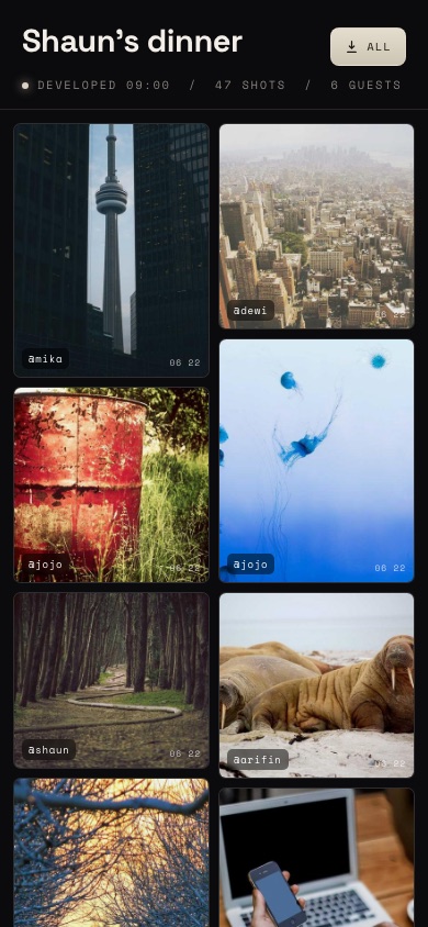 A developed Klise roll: a grid of full-quality photos, each stamped with the shooter's handle